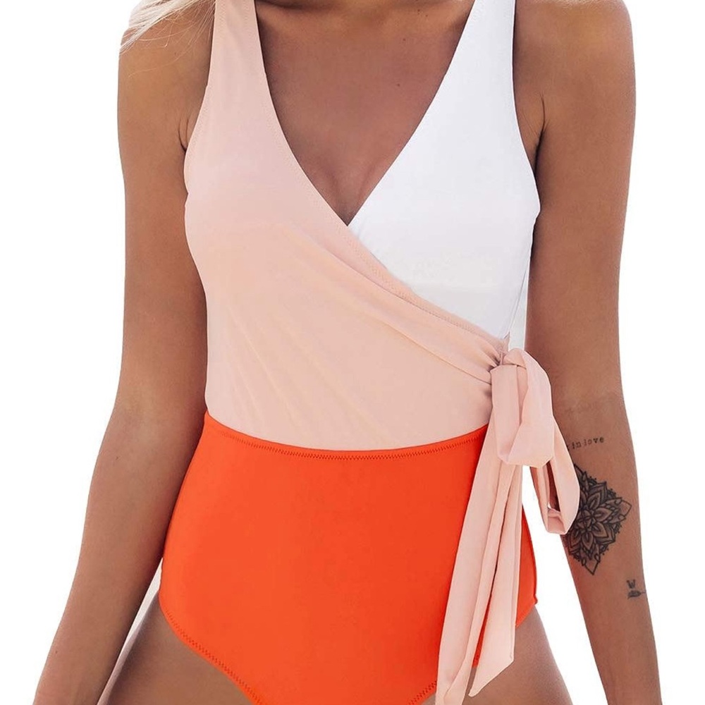Cupshe Wrap One-Piece Swimsuit XXL Peach Orange White Color Block Tie Side